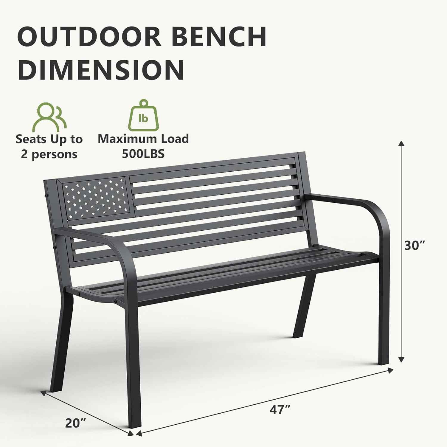 Outdoor Bench, Sturdy Metal Garden Bench with Classic Stars and Stripes Design Metal Backrest, 2-Person Patio Bench for Outside Seating, Cast Iron Steel Porch Yard Lawn Furniture, Black