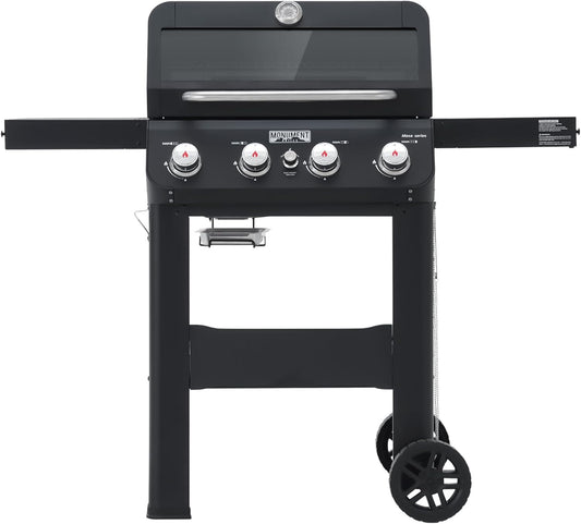 Monument Grills 4-Burner Liquid Propane Gas Grill, Matte Black Stainless Steel Burner Grill with Clearview® Lid and One Foldable Shelf for Outdoor Cooking Kitchen Patio Backyard Barbecue, Mesa420MF