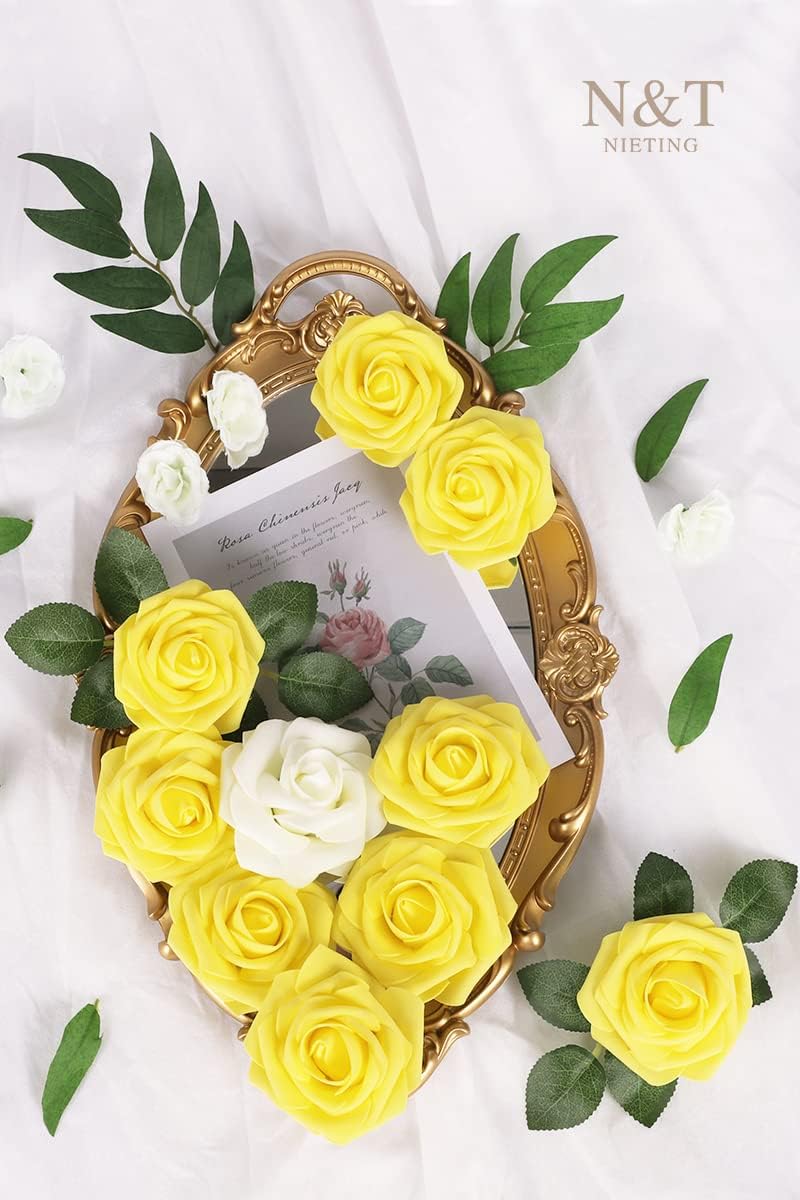 N&T NIETING Artificial Flowers Yellow Roses, 50 Pcs Fake Flowers Foam Roses Perfect for DIY Wedding Bouquets Centerpieces Bridal Baby Shower Party Home Flower Arrangement Spring Decorations