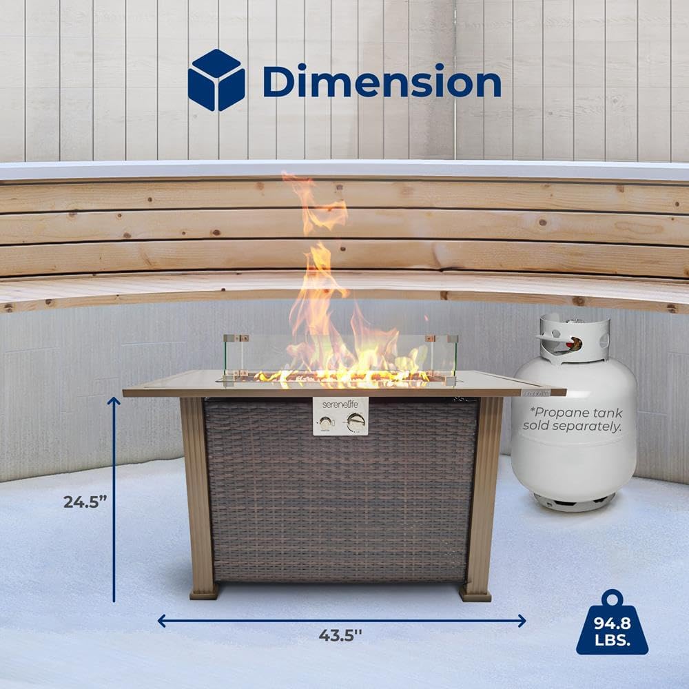 SereneLife 43.5-Inch Outdoor Propane Fire Pit Table – 50,000 BTU, Tempered Glass Wind Guard, Sliding Door, Auto-Ignition, Stainless Steel Burner, Waterproof Cover – Ideal for Patio, Garden & Backyard