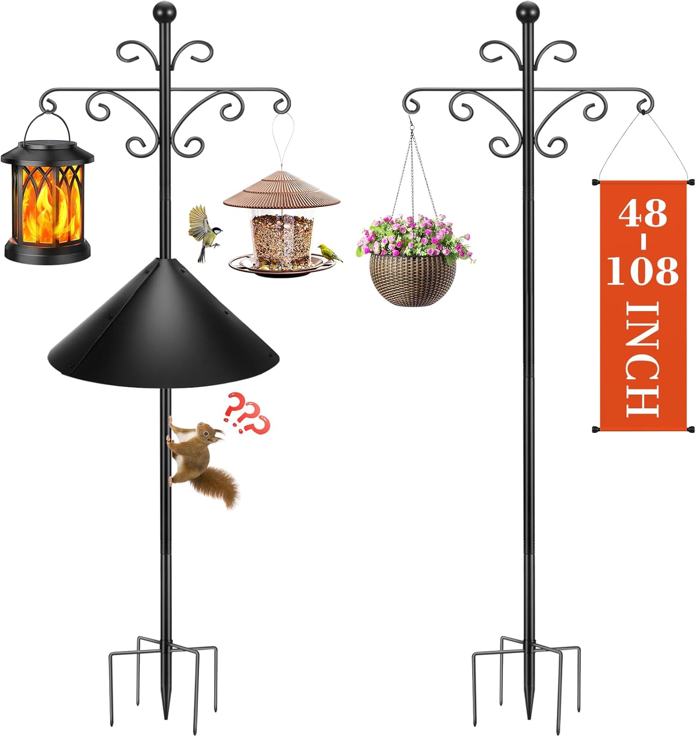 Bird Feeder Pole for Outdoors Heavy Duty Squirrel Proof, 2 Pack 108 Inch Adjustable Tall Shepherds Hooks for Outdoor with 5 Prongs Base, Double Shepherd Hooks (2 Pack Black, 108 Inch)