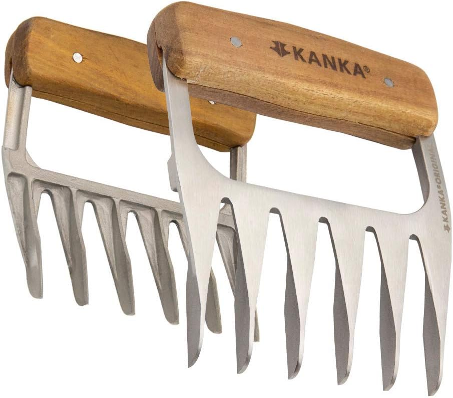 KANKA Grill Meat Shredder Claws - 5X Thicker Professional Stainless Steel BBQ Claws for Effortless Shredding and Cutting of Pulled Pork, Chicken, Turkey, Beef - Set of 2 with Durable Wood Handles - Lumora Garden