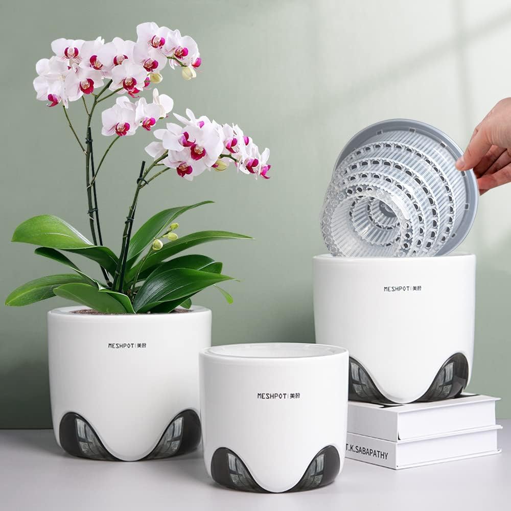 4 inch Orchid Pot with Holes for Repotting, Double Layer Plastic Imitate Ceramic Planter, Clear Orchid Pot Match Decorative Container