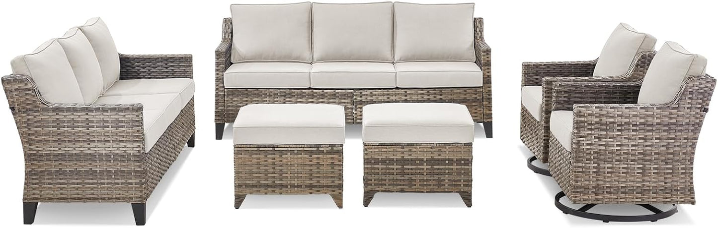 Wicker Patio Furniture Set-6 Piece High Back Outdoor Furniture Set Sectional Sofa with Wicker Swivel Rocker Patio Chairs,Thick Cushions Ottomans for Porch Balcony Patio Deck Grey/Beige