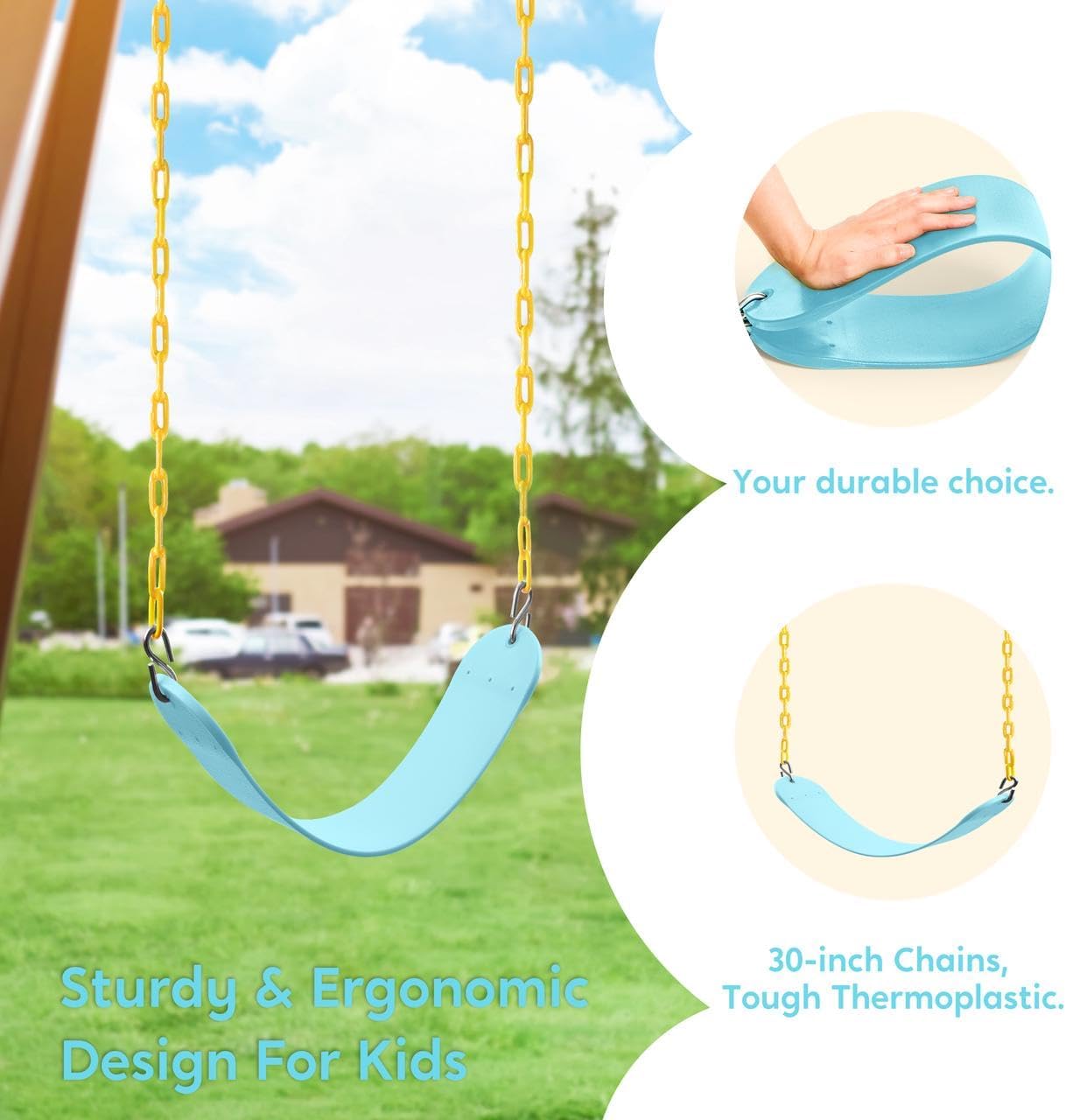TURFEE Swing for Outdoor Swing Set - Pack of 1 Seat Replacement Kit with Heavy Duty Chains - Backyard Swingset Playground Accessories for Kids (Blue 2)