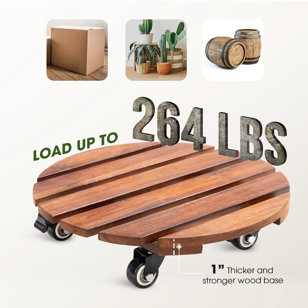 Idzo 2-Pack 14 Inch Acacia Wood Plant Caddy with Wheels – Heavy-Duty Plant Dolly with 264 Lbs Capacity, 360° Lockable Wheels for Large Plant Pots, Heavy Objects, Ideal for Indoor and Outdoor Use
