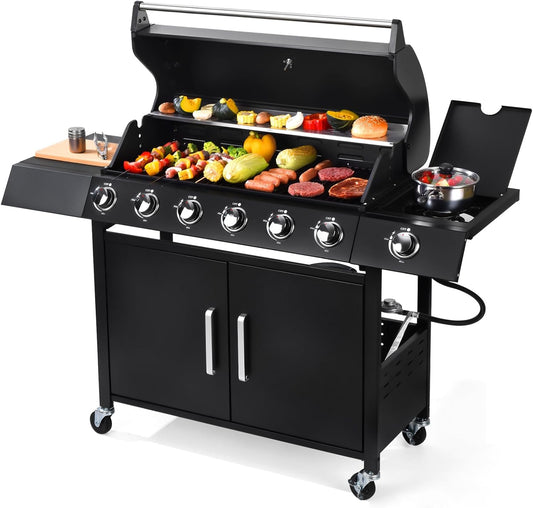 Q032-6-Burner w/Side Burner Gas Grill with 403 SQ.IN. Outdoor Grill with 60,000 BTU,Propane Grills with Top Cover Lid,Grills Outdoor Cooking for Patios,Balcony,Camping,Garden