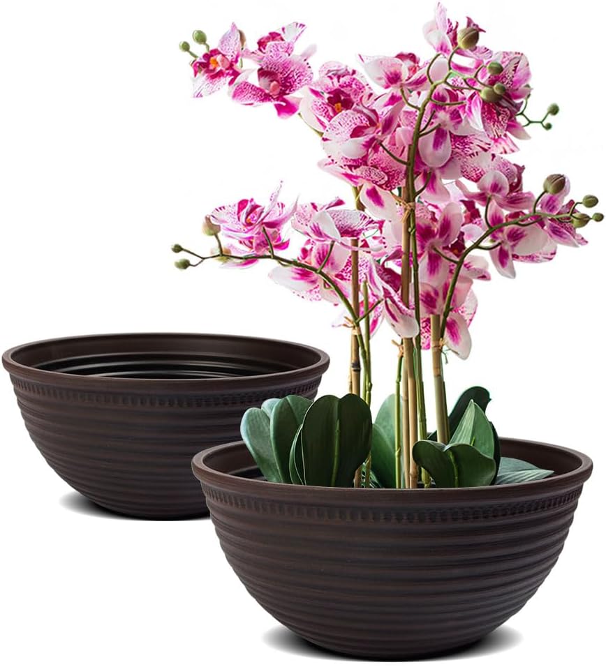 2 Pack 10 Inch Plant Pots,Durable Decorative Flower Pots Planters with Drainage Hole for Indoor and Outdoor Plants,Flowers,Succulents, Brown