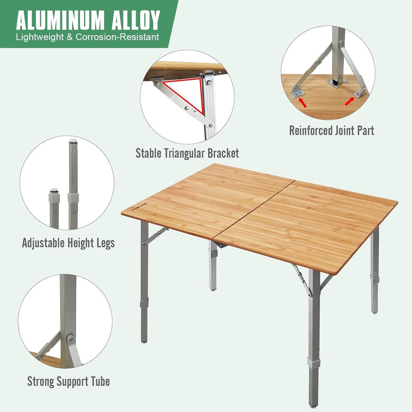 Bamboo Folding Camping Table 2-Folds with Adjustable Aluminum Legs Portable Picnic Table with Carry Bag for Outdoor Hiking Beach 2-4 Person