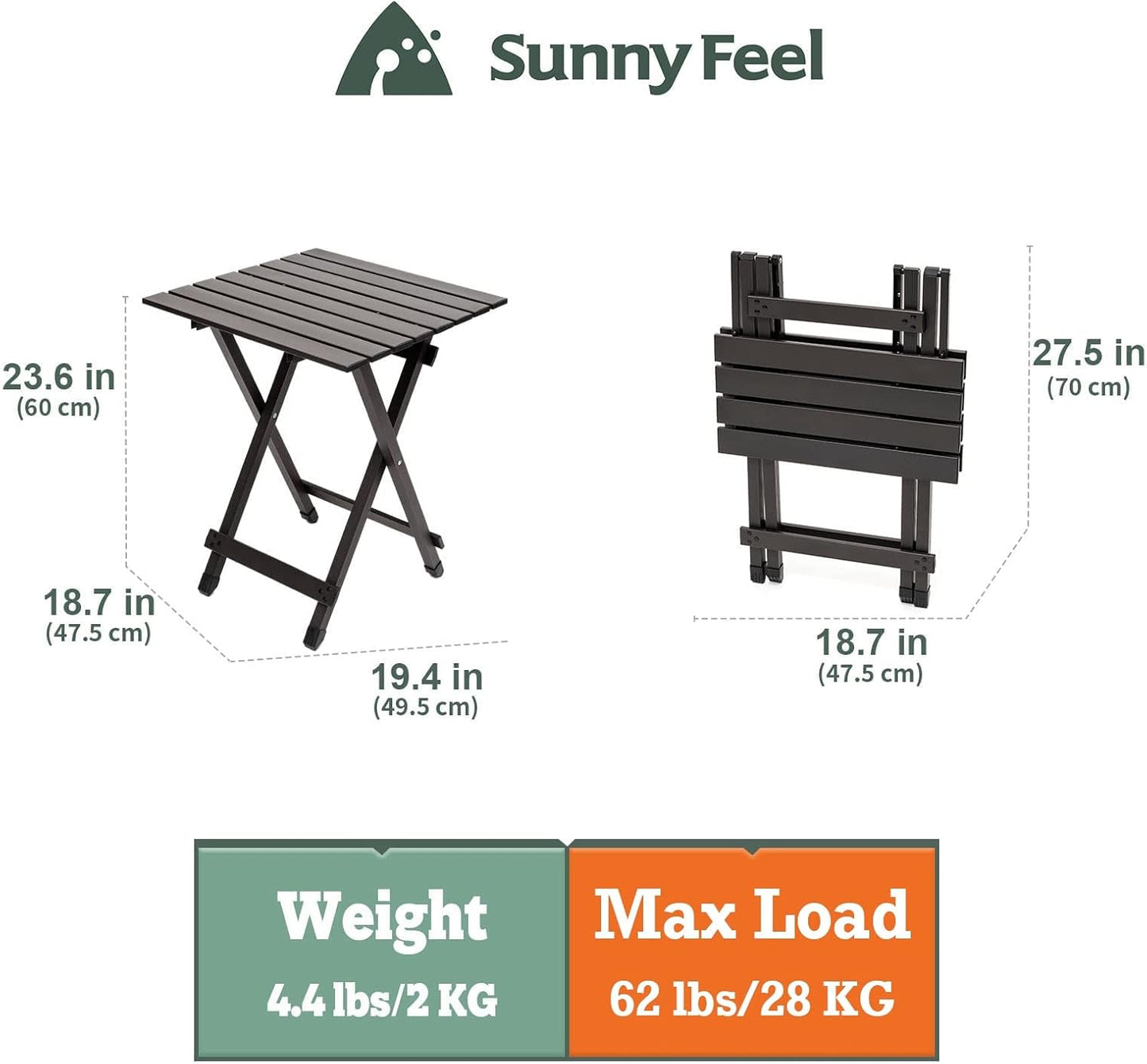SUNNYFEEL Folding Camping Table - Lightweight Aluminum Portable Picnic Table, 18.5x18.5x24.5 Inch for Cooking, Beach, Hiking, Travel, Fishing, BBQ, Indoor Outdoor Small Foldable Camp Tables