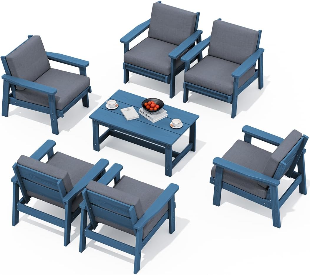 SERWALL HDPE Outdoor Furniture Set, 7 Piece All Weather Wood-Like Outdoor Sofa Sectional Couch, Blue Patio Furniture Set with Grey Cushions