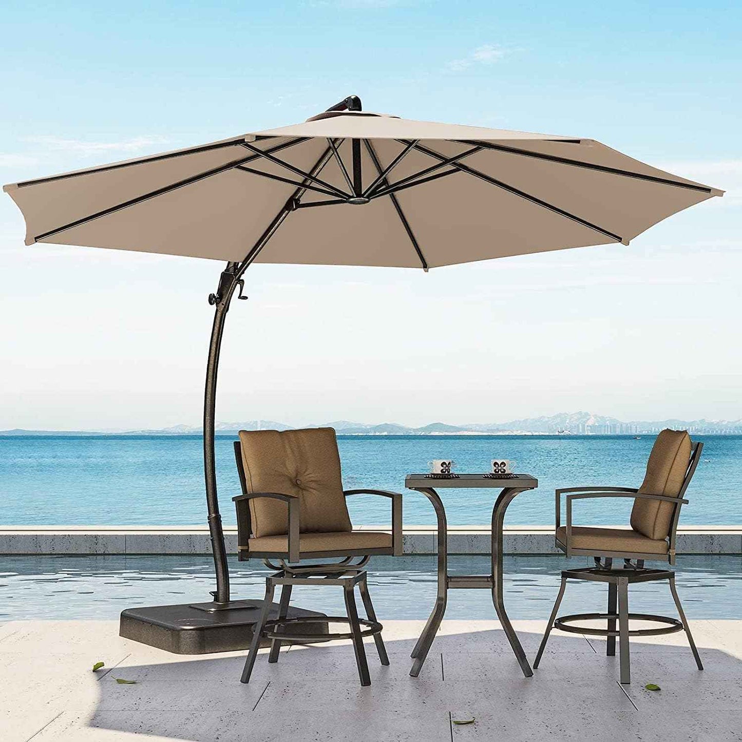 LAUSAINT HOME11FT Patio Cantilever Umbrella with Base Outdoor Curvy Round Offset Umbrella, Heavy Duty Aluminum Patio Umbrella with 360°Rotation and Windproof, for Garden, Pool, Deck, Backyard, Market(11 FT Champagne）