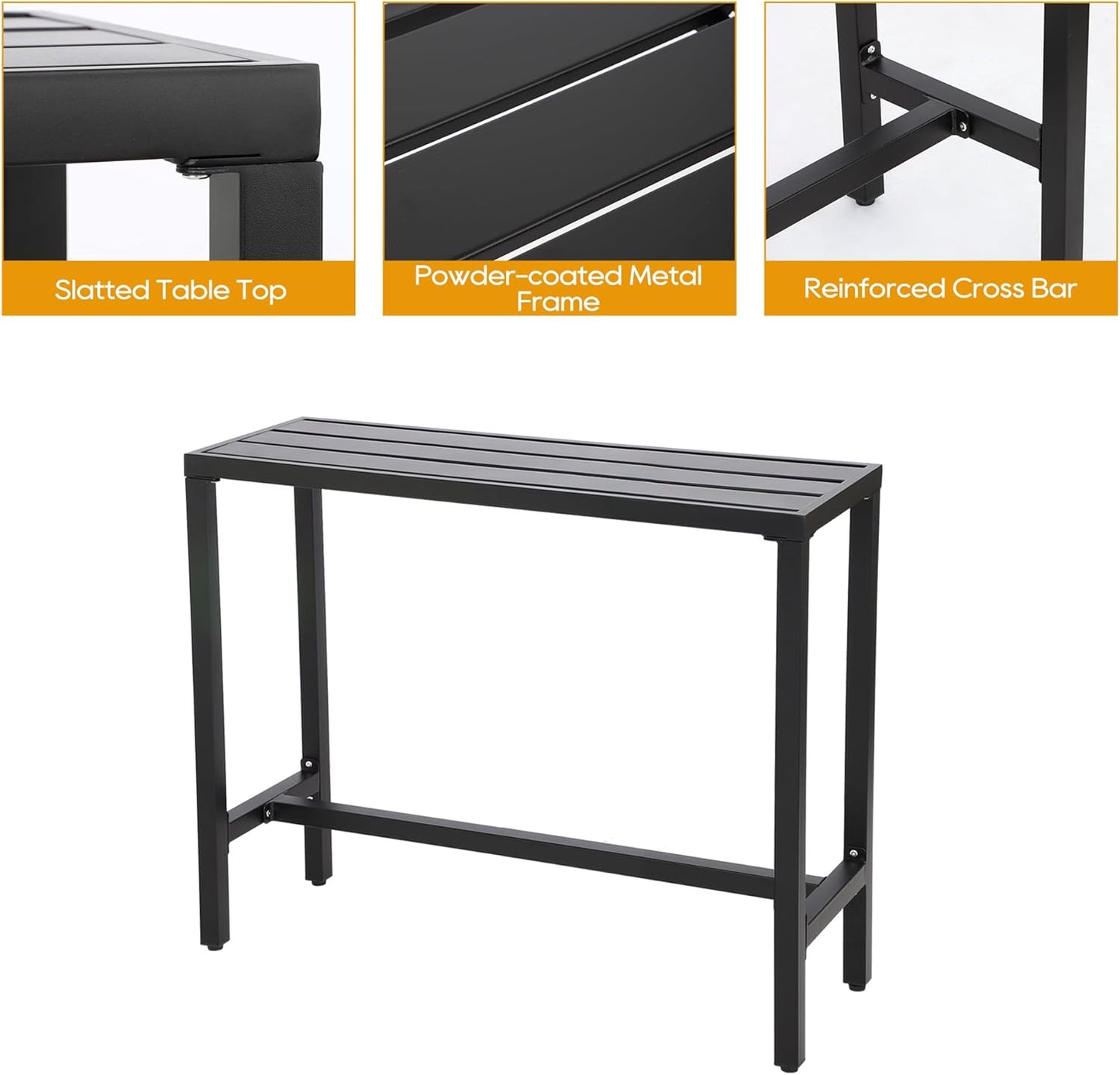 Outdoor Patio Bar Set, Bar Height Patio Dining Set, Weather-Resistant Bistro Counter Pub Set with Cushions & Slatted Tabletop for Backyard, Garden, Yard (47" Table, 2 "X Style Stool, Black)