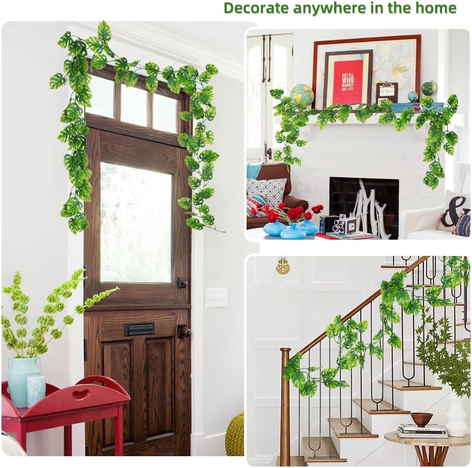 RECUTMS Artificial Monstera Leaves Vines 2Pcs 5.9Ft Fake Tropical Large Palm Leaf Greenery Garland UV Resistant Faux Ivy Rattan for Indoor Outdoor Home Garden Hawaiian Jungle Luau Party Spring Décor