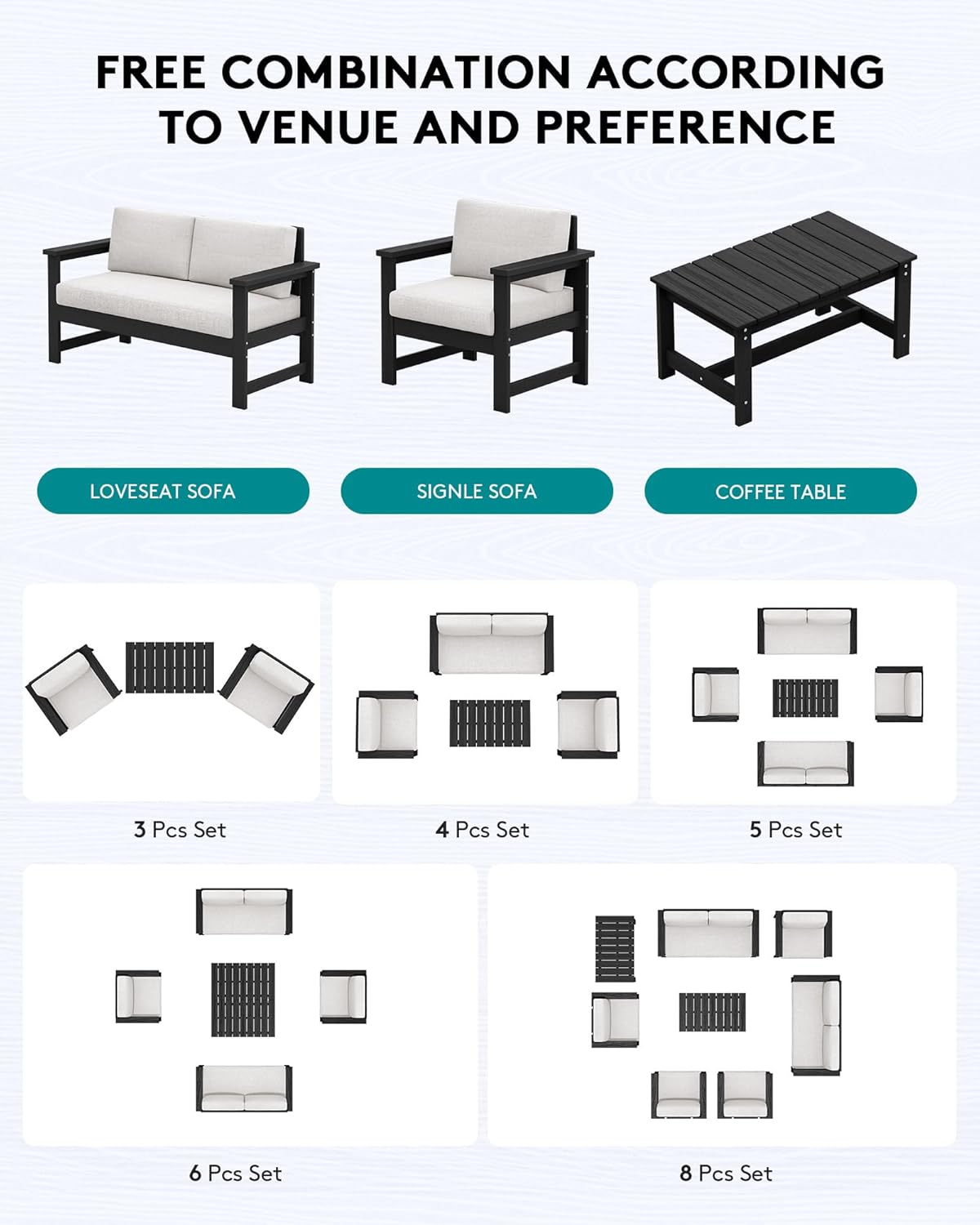 SERWALL 3 Pieces HDPE Outdoor Sofa Set with Cushions, All Weather Use Patio Couch Loveseat Furniture with Coffee Table for Balcony, Deck, Poolside, Black Frame with Khaki Cushions