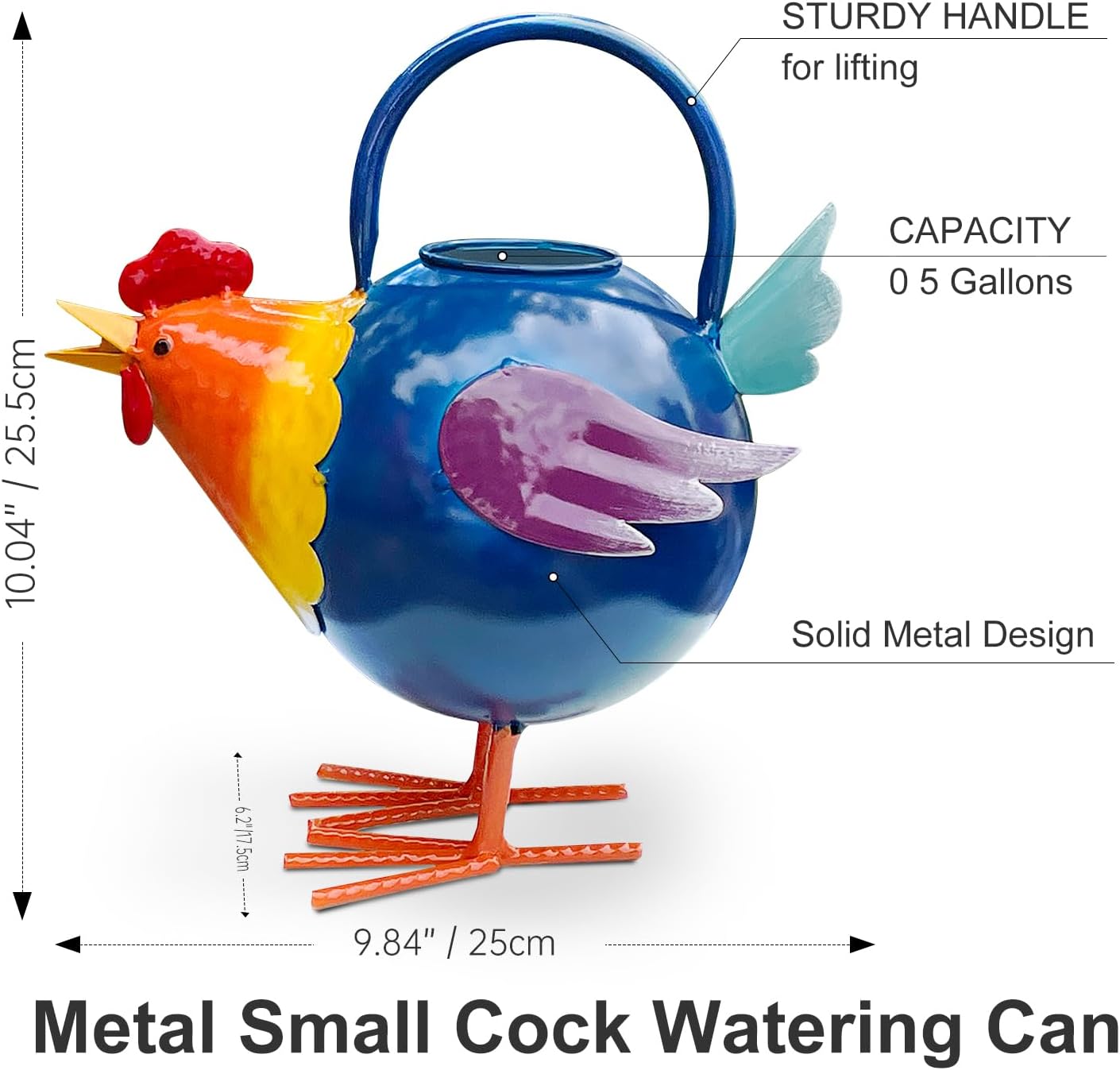 Metal Rooster Watering Can, Cute Watering Can for Indoor/Outdoor Plants, Durable Water Tool with Sturdy Handle, 0.5 Gallon Water Pot for Garden Decor