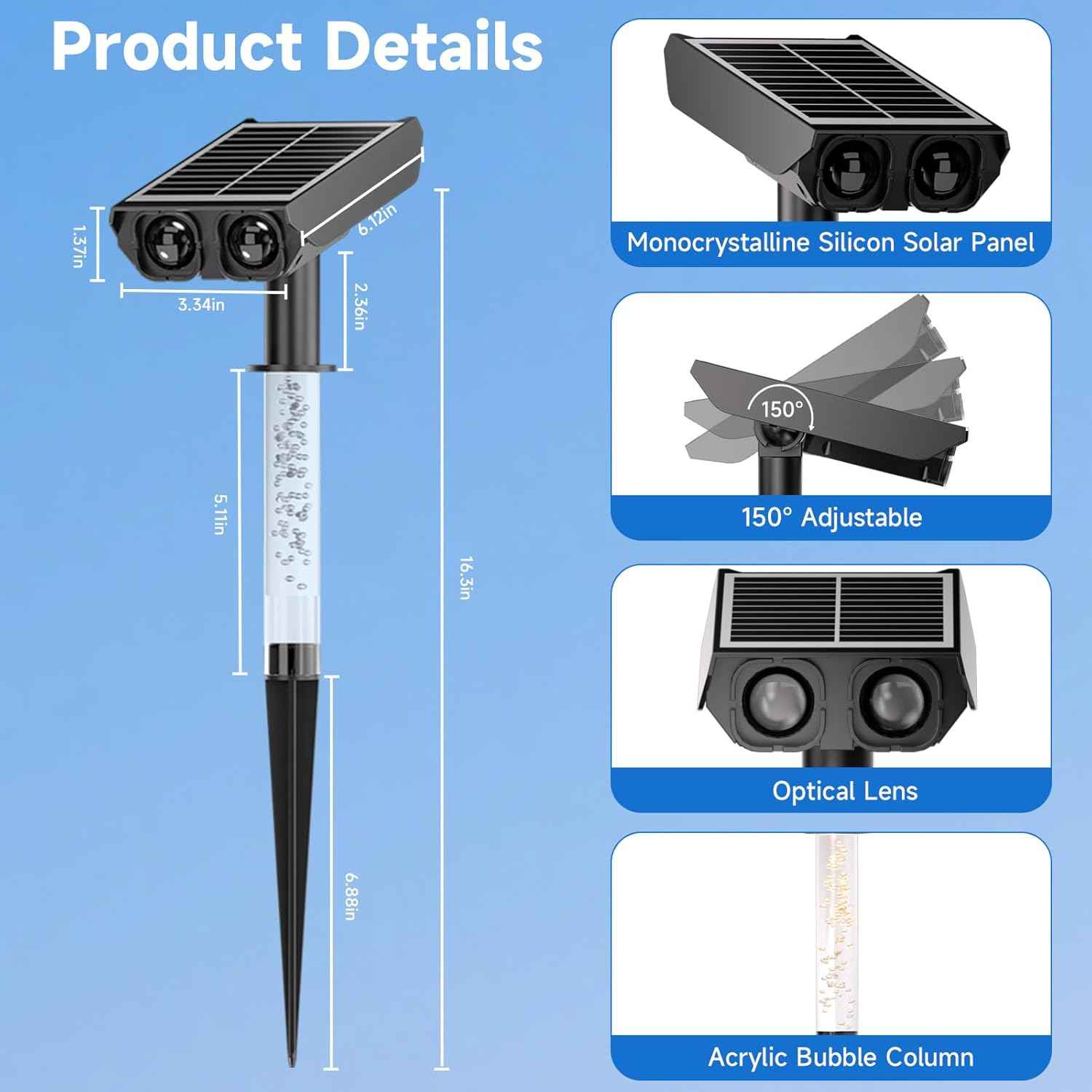 Solar Spot Lights Outdoor Adjustable Beam & PC Light Guide Column, 4 Pack Solar Lights Outdoor Waterproof IP65, 2 Modes & Auto On/Off Landscape Spotlights for Garden, Yard, Pathway, Tree (Warm Yellow)