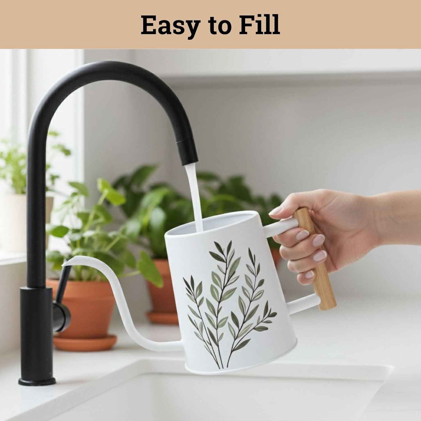35 oz Metal Small Indoor Watering Can with Long Spout & Real Wood Handle for House Plants, Succulents, Cacti & Seedlings - White Long Spout Watering Can Indoor Plants - Stylish, Gentle Flow, No Spills