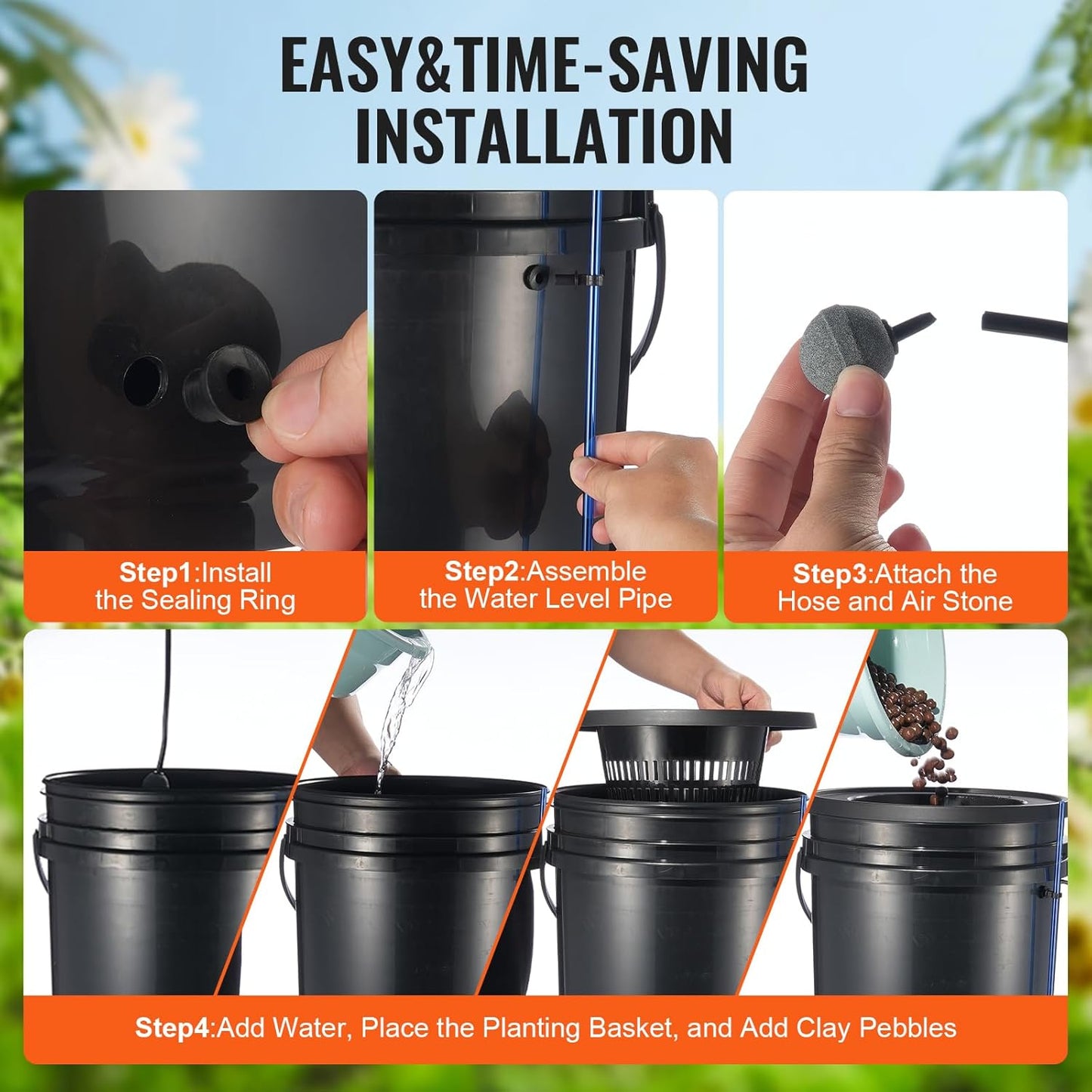 VEVOR DWC Hydroponics Grow System, Hydroponic Growing System with Top Drip Kit, Deep Water Culture 5-Gallon 4 Buckets, with Air Pump, Air Stones and Water Level Device for Leafy Vegetables