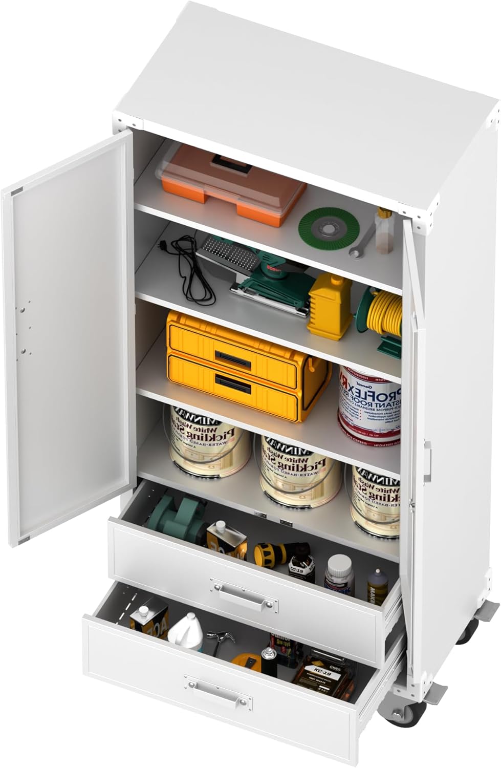 Metal Storage Cabinet with 2 Drawers, Garage Tool Cabinet on Wheels for Home Office,Assembly Required,White