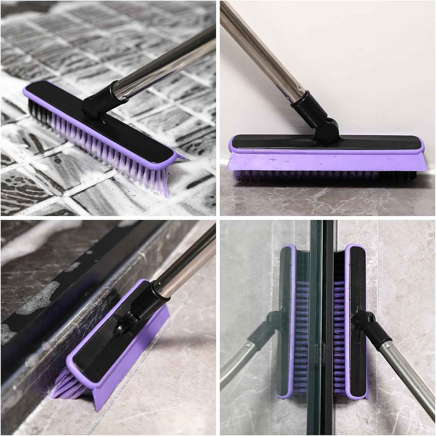 Grout Cleaner Brush with Long Handle, V-Shaped Floor Scrub Brush Swivel Grout Brush Stiff Bristle Floor Grout Scrubber for Bathroom, Tile Line, Crevice, Kitchen, Wall, Deck, Garage (Purple)