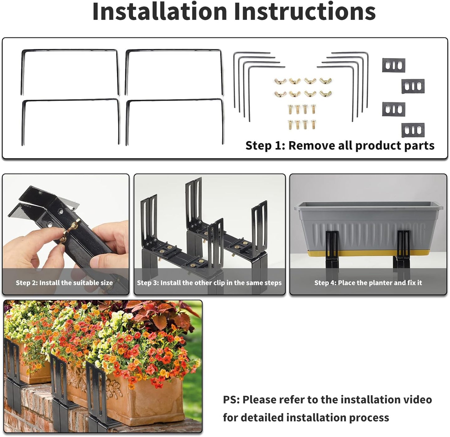 Deck Railing Planter Stand, Retractable Balcony Plant Holder for Window Box Planter, Handmade Steel Rectangular Flower Box Clip for Windowsill, Garden, Patio Fence, Front Porch
