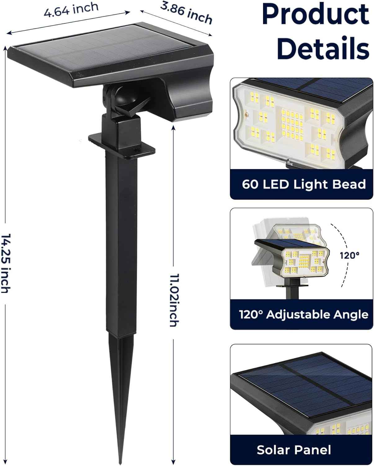 HGGH Solar Lights Outdoor Waterproof IP67, 60 LED 3 Lighting Modes Solar Spot Lights Outdoor for Yard Garden Pathway Landscape, Auto On/Off, Function 2 in 1(Cool White, 4 Pack)