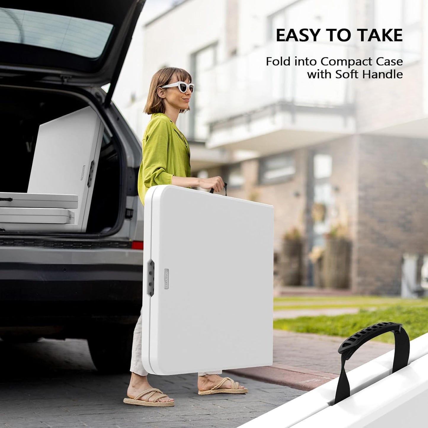 VINGLI 6 Foot Plastic Folding Table Portable Long Table for Indoor Outdoor Use Rectangular with Carrying Handle, Smooth HDPE Tabletop, White