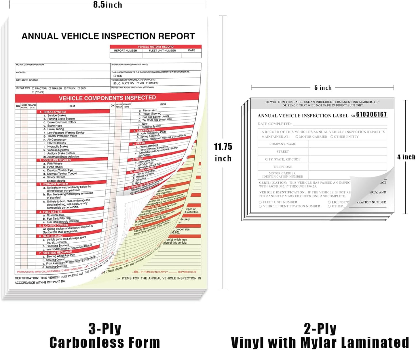 Goldenfox DOT Inspection Forms and Stickers. 10-Pack,3-Ply Carbonless Annual Vehicle Inspection Report Form(8.5" x 11.75") with 2-Ply Vinyl White Interior Inspection Label(5"x4")