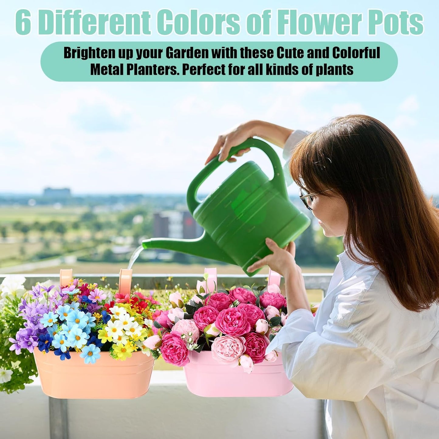6 Pack Hanging Flower Pot Colorful Metal Iron Bucket Fence Hanging Planters with Detachable Hook Bucket Flower Holder for Railing Balcony Garden Yard Spring Decor(Round,10.6X 5.5 x 4.7 in)
