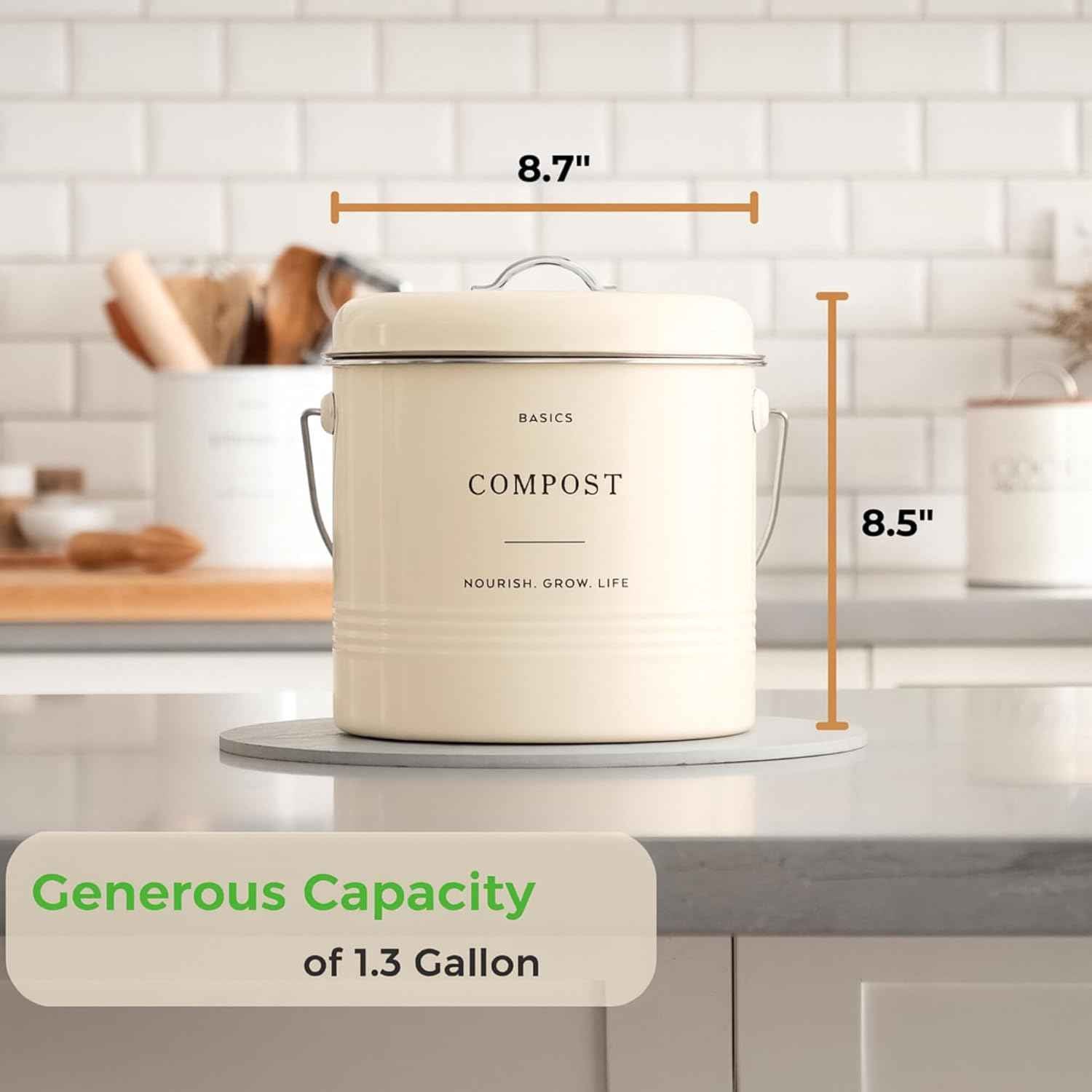 D'Lifeful Kitchen Compost Bin – 1.3 Gallon Countertop Farmhouse Compost Container with Lid – Odorless Indoor Food Scrap Pail with 6 Charcoal Filters – Eco-Conscious and Easy to Clean (Cream)