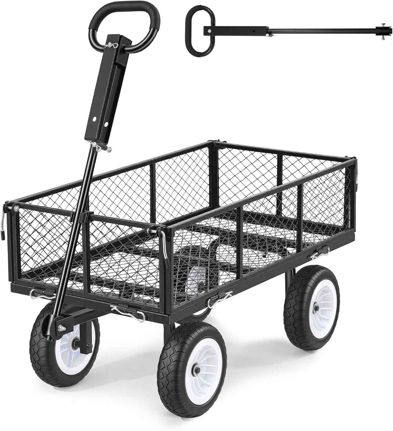 VEVOR 900 LBS Steel Garden Cart, 2 in 1 Handle, Heavy Duty Pullable Garden Wagon with 10" Flat-Free Tires, Outdoor Utility Yard Wagon Cart with Detachable Side Panels, Attach to ATV or Tractor