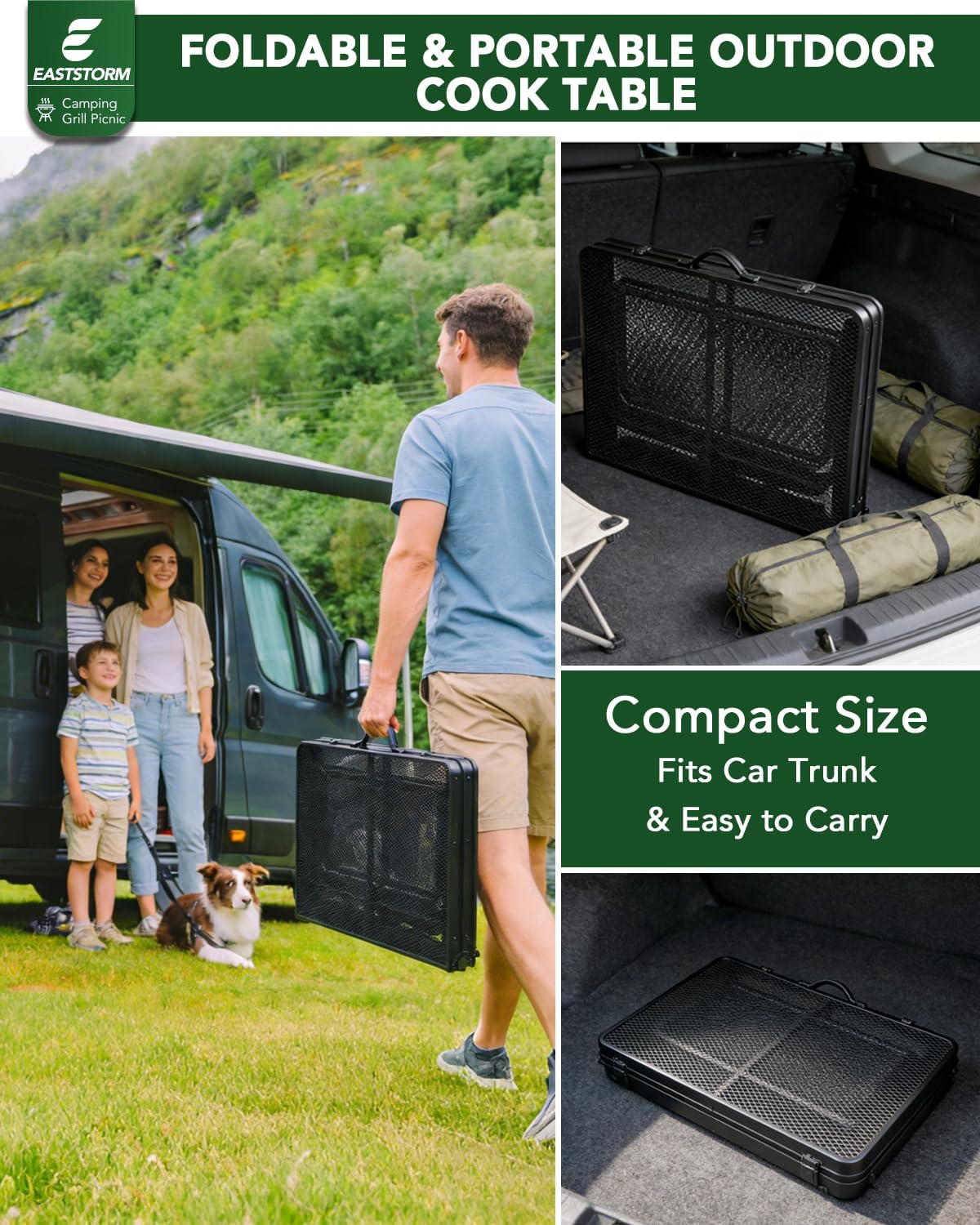 3ft Folding Camping Table with Wing Panels, Metal Mesh Grill Table,2 Adjustable Heights,Folding Table with Storage Net, Paper Towel Holder, Hooks, Trash Bag Rack, for Picnic,Camping,BBQ,Beach(Black)
