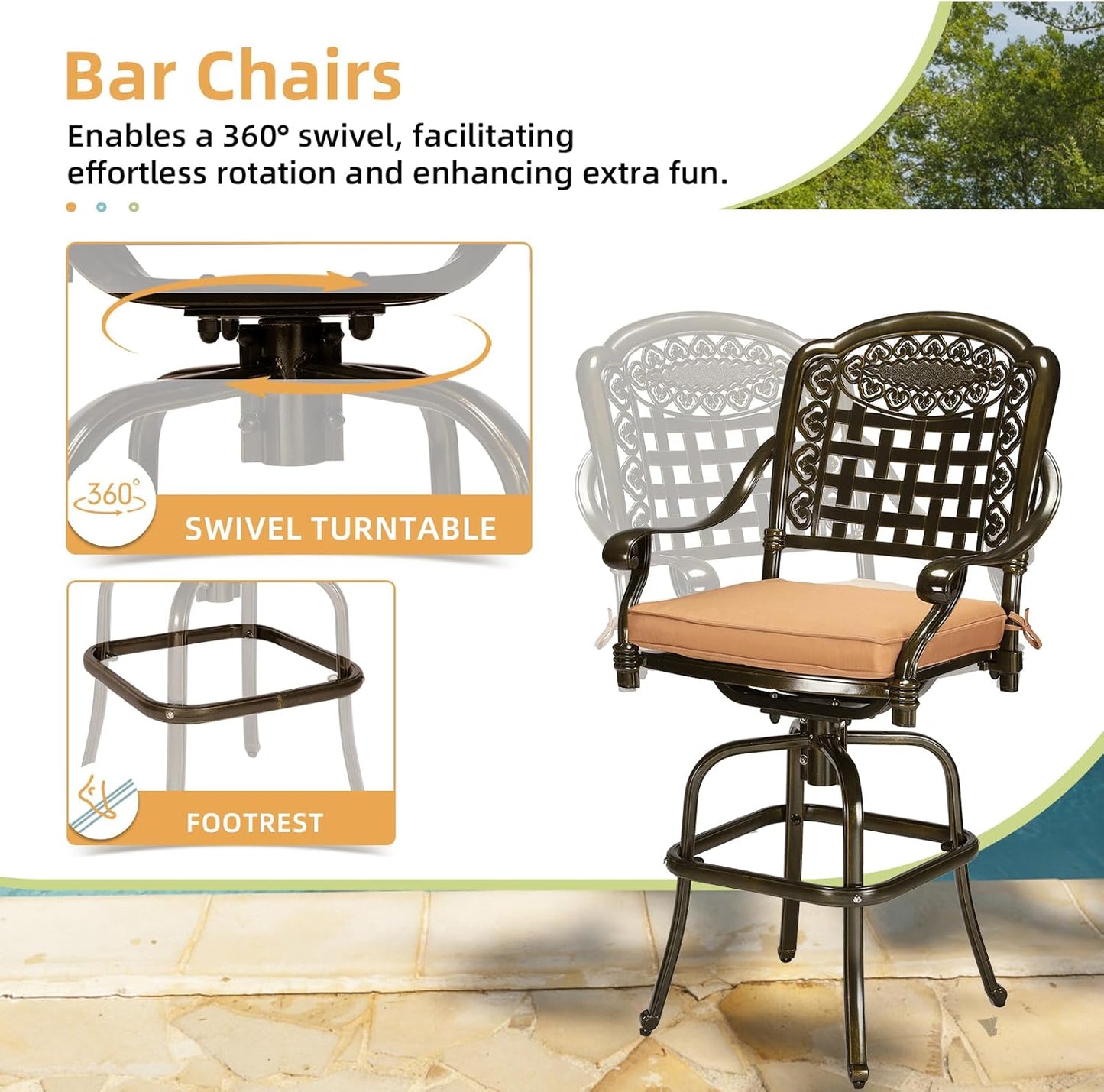 3-Piece Patio Swivel Bar Set, High Top Bar Table & Chairs, All-Weather Cast Aluminum Swivel Bar Stools (2) & 35.4" Table, Patio Bistro Set for Garden