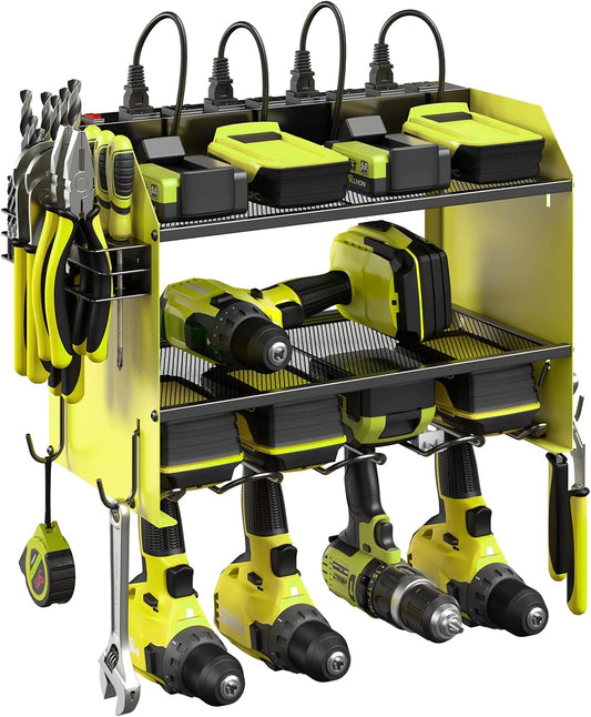 CCCEI Set Power Tool Organizer Wall Mount with Charging Station. Garage 4 Drill Storage Shelf with Hooks, Heavy Duty Metal Tool Battery Charger Organizer. Shop Utility Rack with Power Strip Green.