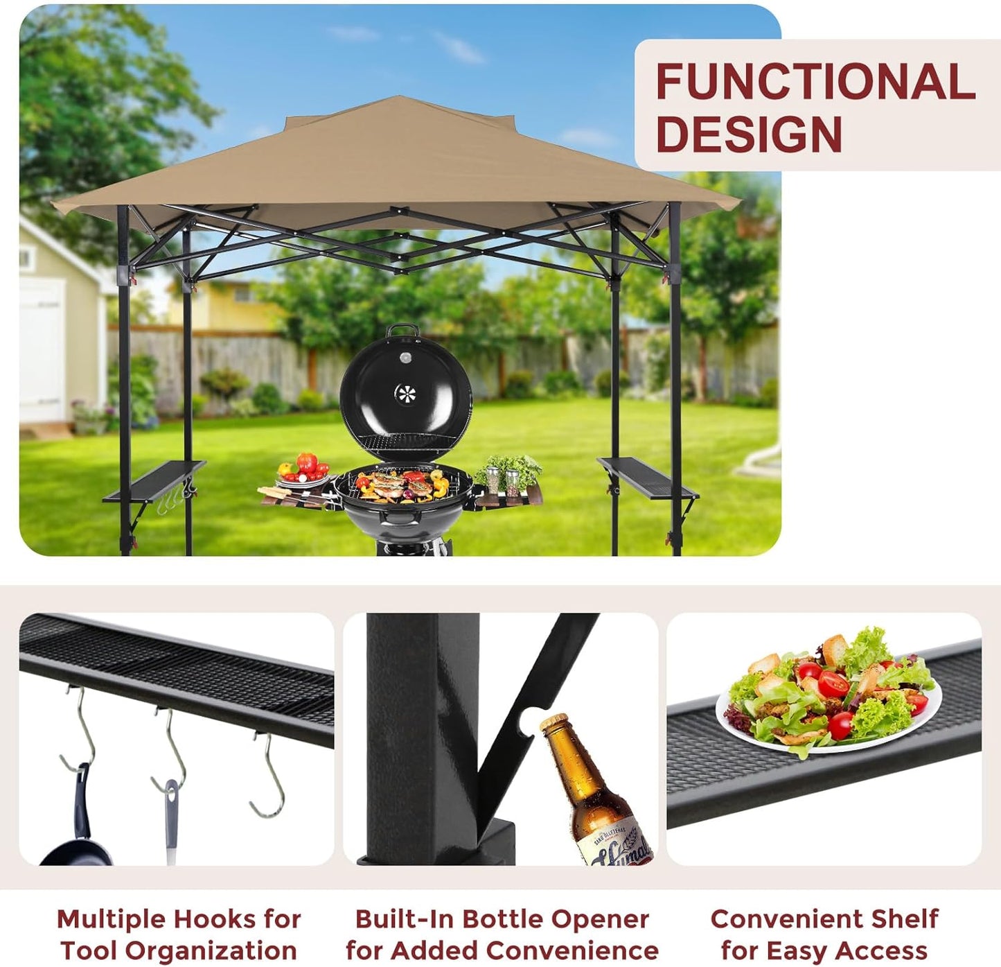 Outdoor Pop up Barbeque Grill Gazebo 8x5 with Carry Bag, Portable BBQ Canopy Tent with Handy Wired Shelf, Beige
