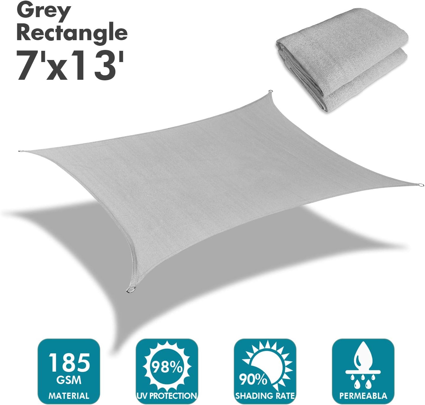 KANAGAWA Sun Shade Sail 7'x13' Gray Rectangle UV Block Canopy Awning Shelter Fabric Cloth Screen for Outdoor Patio Garden Backyard Activities