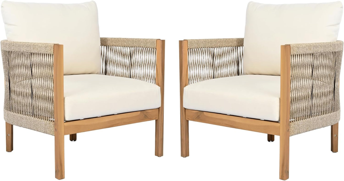 Christopher Knight Home Havets 5 Pieces Outdoor Acacia Furniture Set, Woven Rope Loveseat and Accent Club Chairs, 6" Thick Cushions Sofa and Coffee Table Set for Backyard Garden Balcony, Teak+Beige