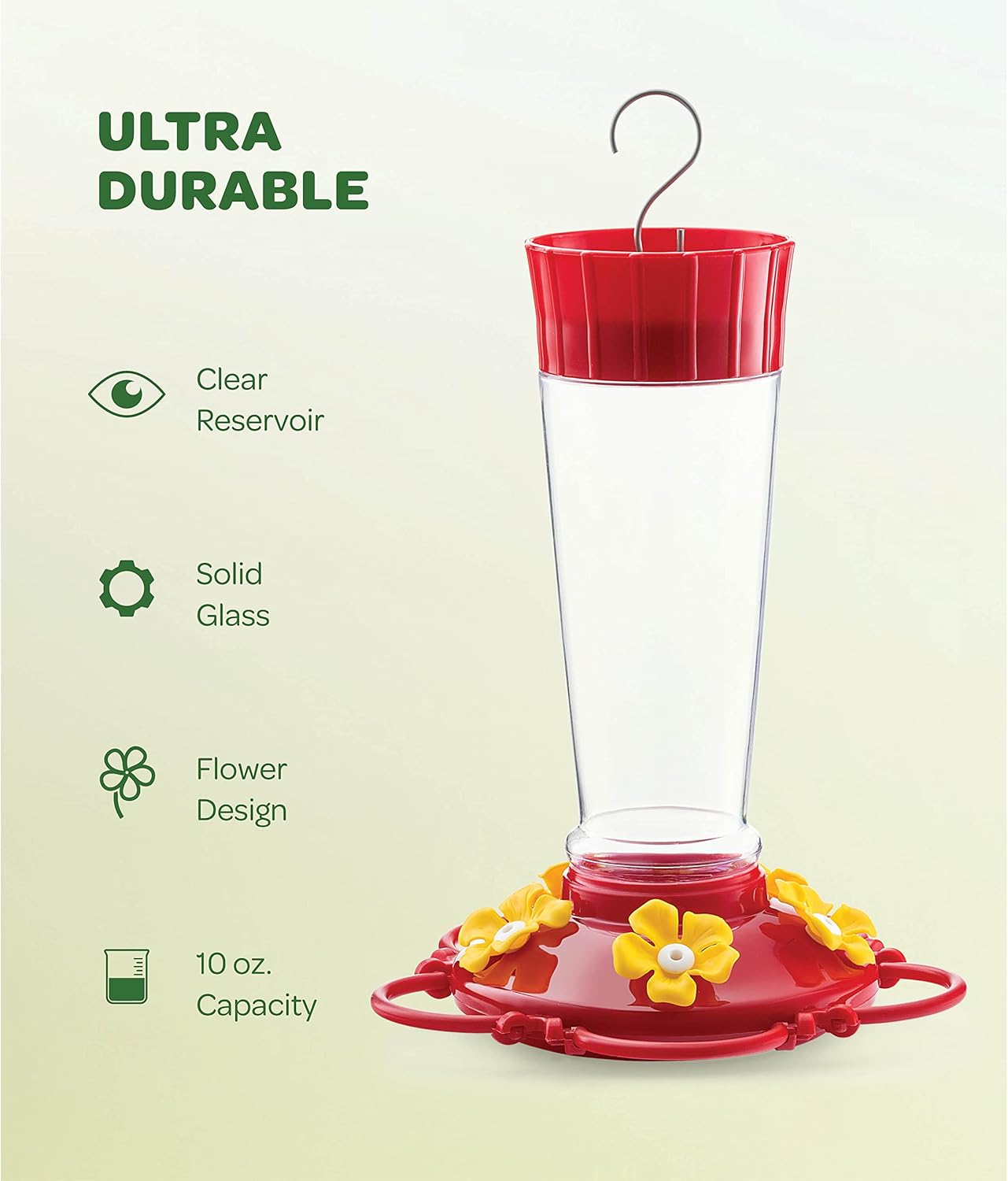 Hummingbird Feeder 10 oz [2 Pack] Glass Hummingbird Feeders for Outdoors, with Built-in Ant Guard - Circular Perch with 5 Feeding Ports - Wide Mouth for Easy Filling/2 Part Base for Easy Cleaning