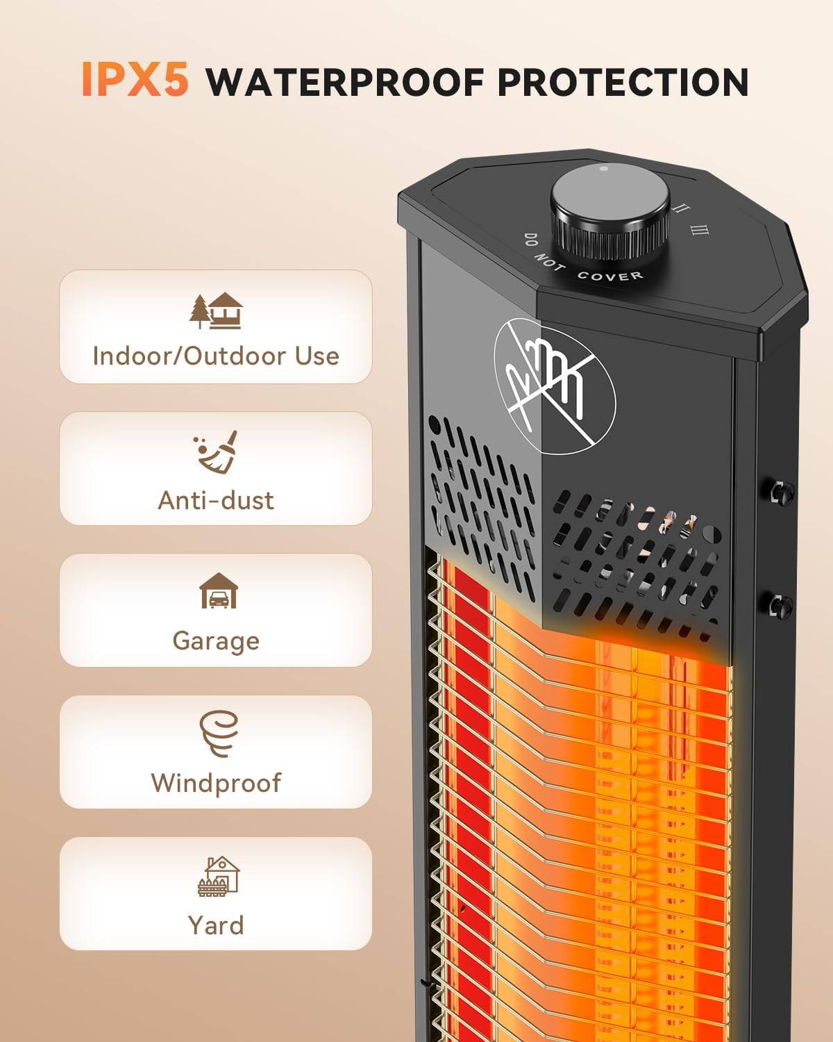 Patio Heater for Outdoor Use,1500W Infrared, 36 in Portable Tower Heater, 3 Levels, IPX5 Waterproof, Tip-Over&Overheat Protection for Garage, Indoor, Large Room, Backyard, Home