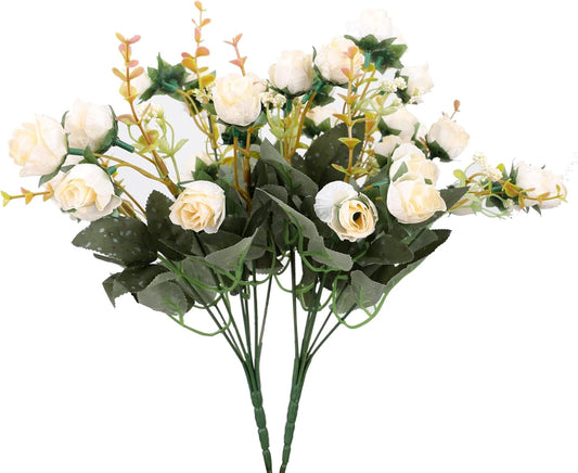 Duovlo 7 Branch 21 Mini Rose Heads Artificial Flowers Bouquet Wedding Home Office Decor,Pack of 2 (2 PCS Champagne)