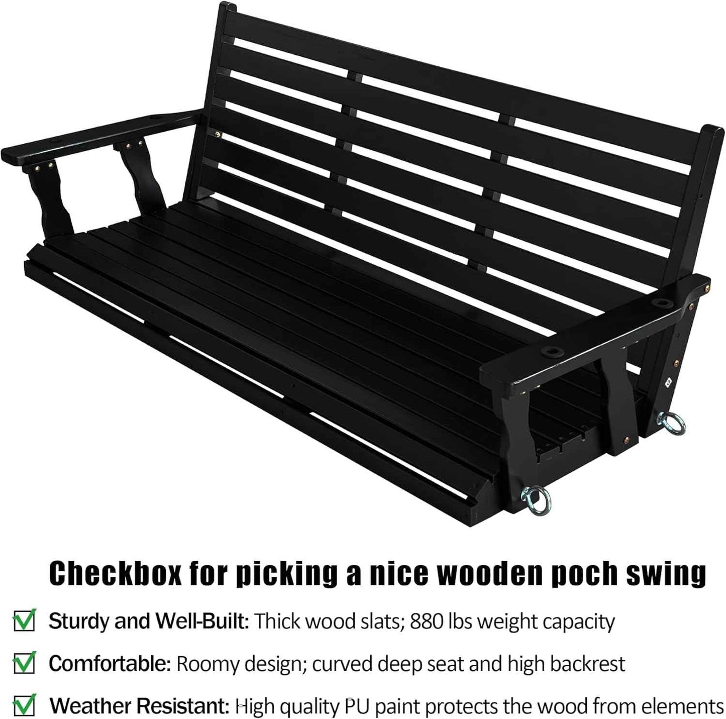 Wooden Porch Swing, Ergonomic Seat, Bench Swing with Hanging Chains and 7mm Springs, Heavy Duty 880 LBS, for Outdoor Patio Garden Yard (Carbon Black, 3-Seater Extra Large)