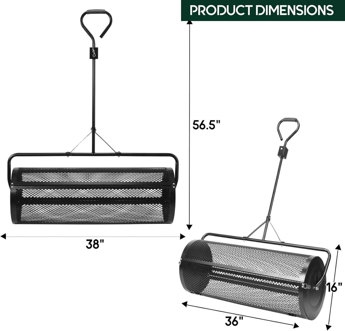 Compost and Peat Moss Spreader with Updated 2 in 1 ATV & T Shaped Handle, 16”WX44”L, Lawn and Garden Peat Moss Roller w/Laser Cutting Wire Mesh Baskets for Spreading Manure, Topsoil