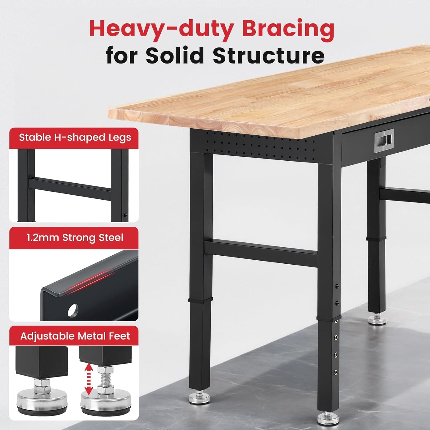 Workbench for Garage 60 x 22 Inch Adjustable Height Work Table with Drawers Heavy Duty Rubberwood Tabletop Work Bench with Pegboard, Power Outlets for Office Home Commercial