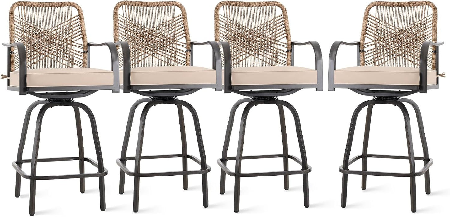Outdoor Bar Stools Set of 4, Patio Swivel Counter Height Rattan Bar Stools, Patio Wicker Bar Swivel Chairs with Cushion, Outdoor Pool Bar Chairs for Backyard Garden Balcony w /360 Rotation