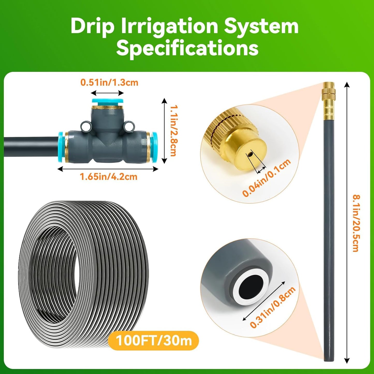 360° Adjustable Drip Irrigation System 100FT,5/16" Garden Watering Kit with 16 Copper Nozzles,82Pcs Drip Irrigation Kit，Automatic Misting Sprinkler System for,Raised Bed, Patio, Lawn & Yard Care