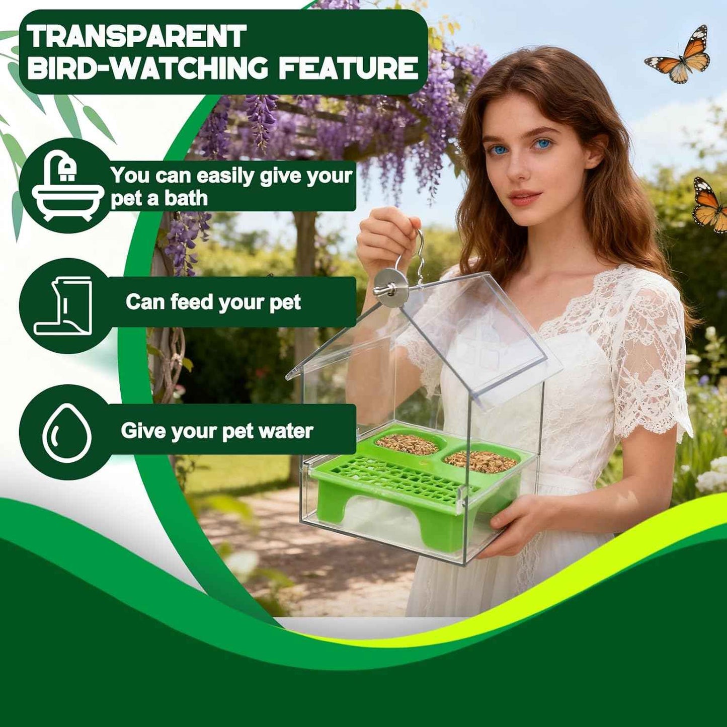 Pull-Out External Parrot Feeder, No Mess Bird Feeder, Decorative Transparent Bird Bath Tub with Two Food Slots, Easy to Fill Hold and Clean, Suitable for Parrot & Finch
