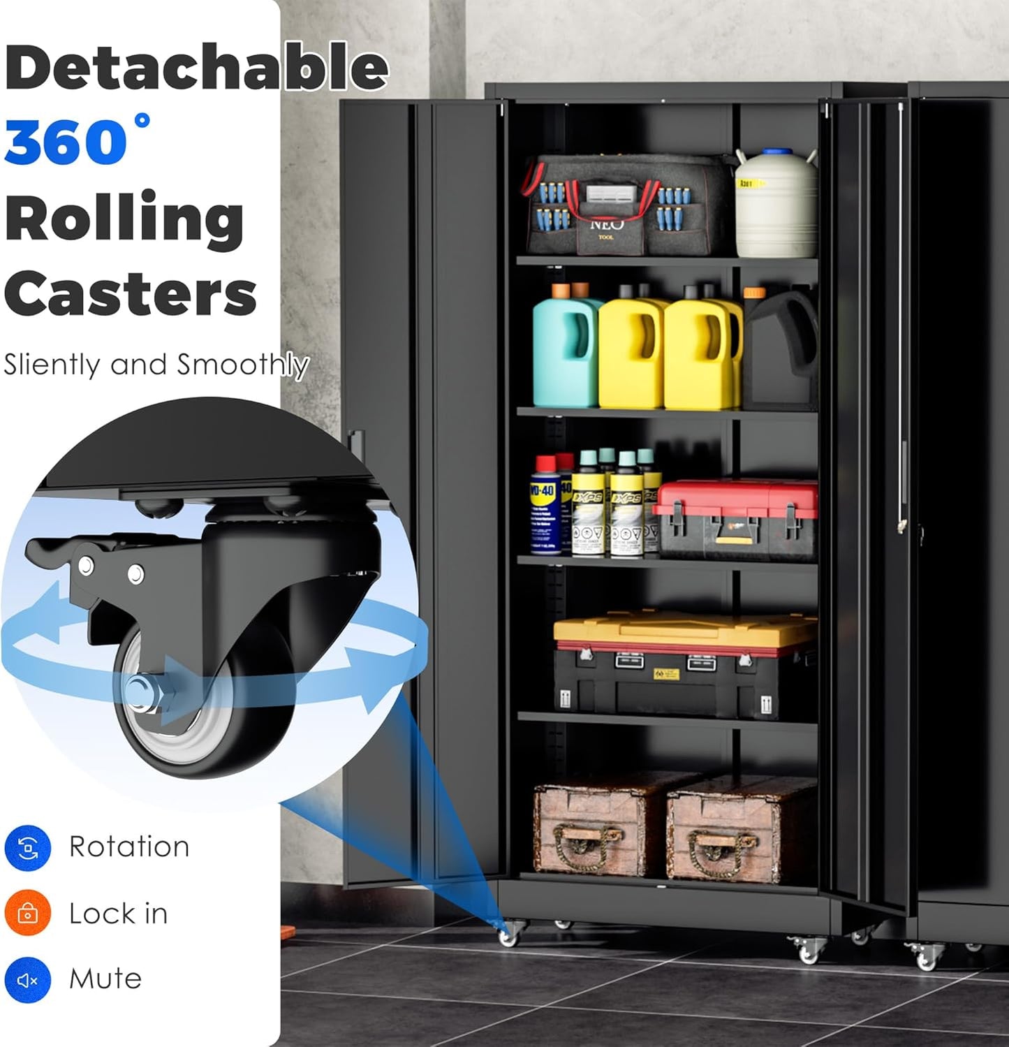 INTERGREAT Metal Storage Cabinet with Wheels, 73" Garage Storage Cabinets with Door and 4 Shelves, Tool Storage Locker on Caster for Home, Office, Black
