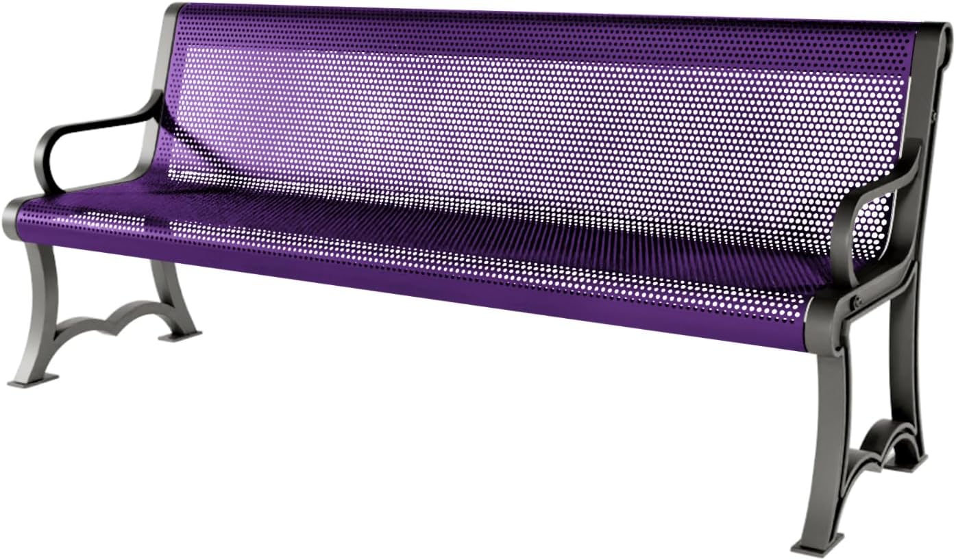 Coated Outdoor Furniture Heavy-Duty Outdoor Bench Thermoplastic Coated, Punched Steel, Commercial-Grade Garden Bench, Made in America (Portable with Back, 6 Ft, Purple)