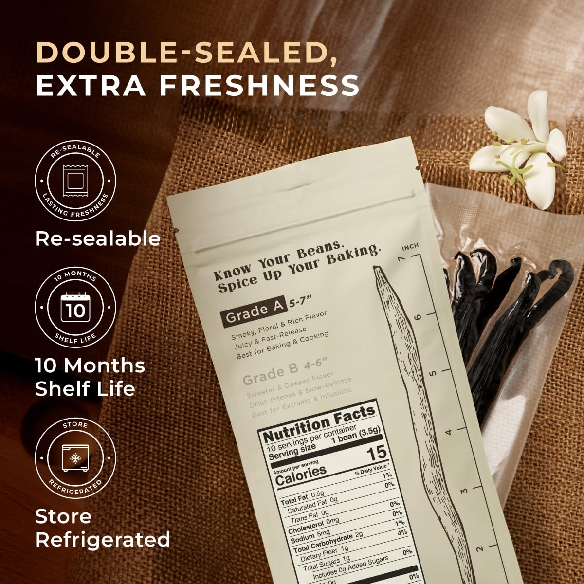 Gya Labs 10 Tahitian Vanilla Beans for Making Vanilla Extract, Baking - Grade A - 5-7 Inches (12 to 15 CM) long, Caviar Rich, Flavorful Fresh Pods